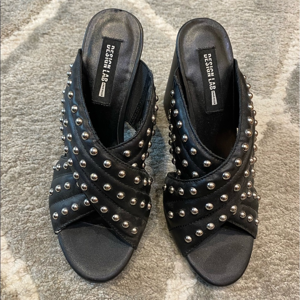 Lord & Taylor black leather studded block heel sandals